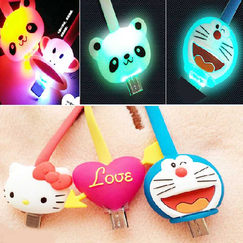 Fancy Color Cute Cartoon Character LED Light Micro USB Charger Data Sync Cable Flat Noodle for IPhone5/6